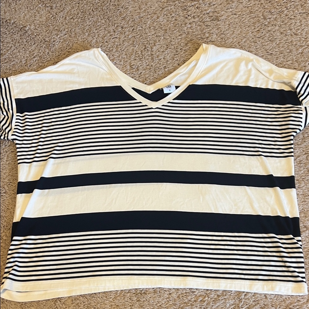 CAbi Navy and White Striped V-Neck Tee